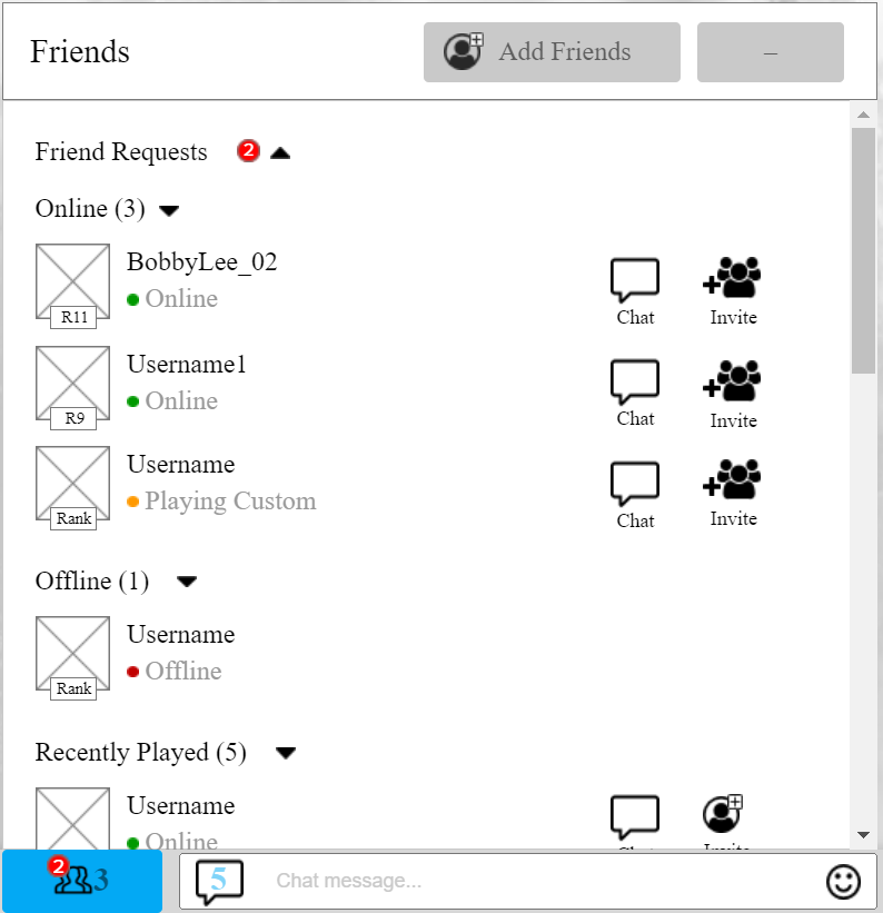 Detailed friends list wireframe
