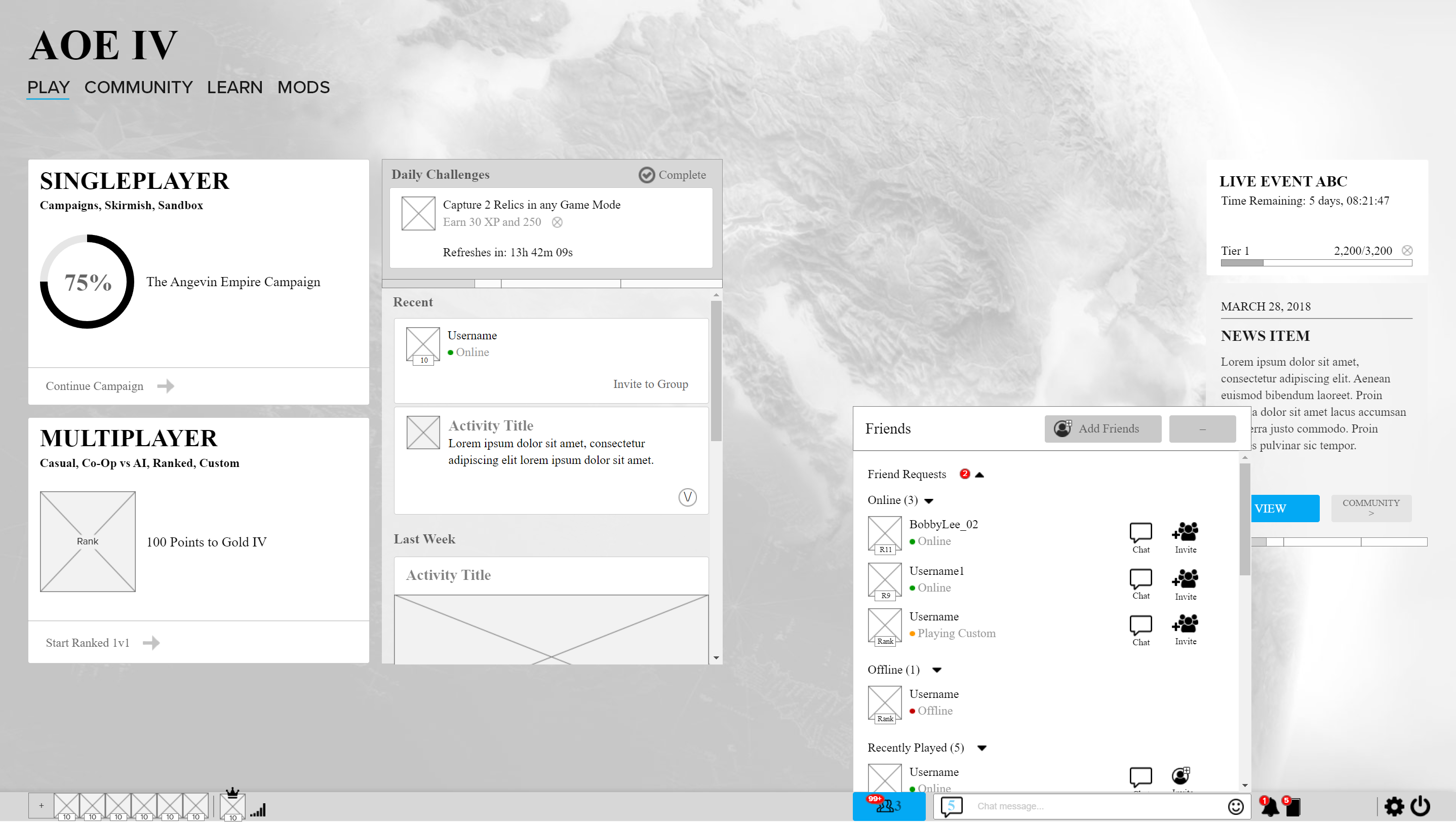 Main menu wireframe showing taskbar and friends list