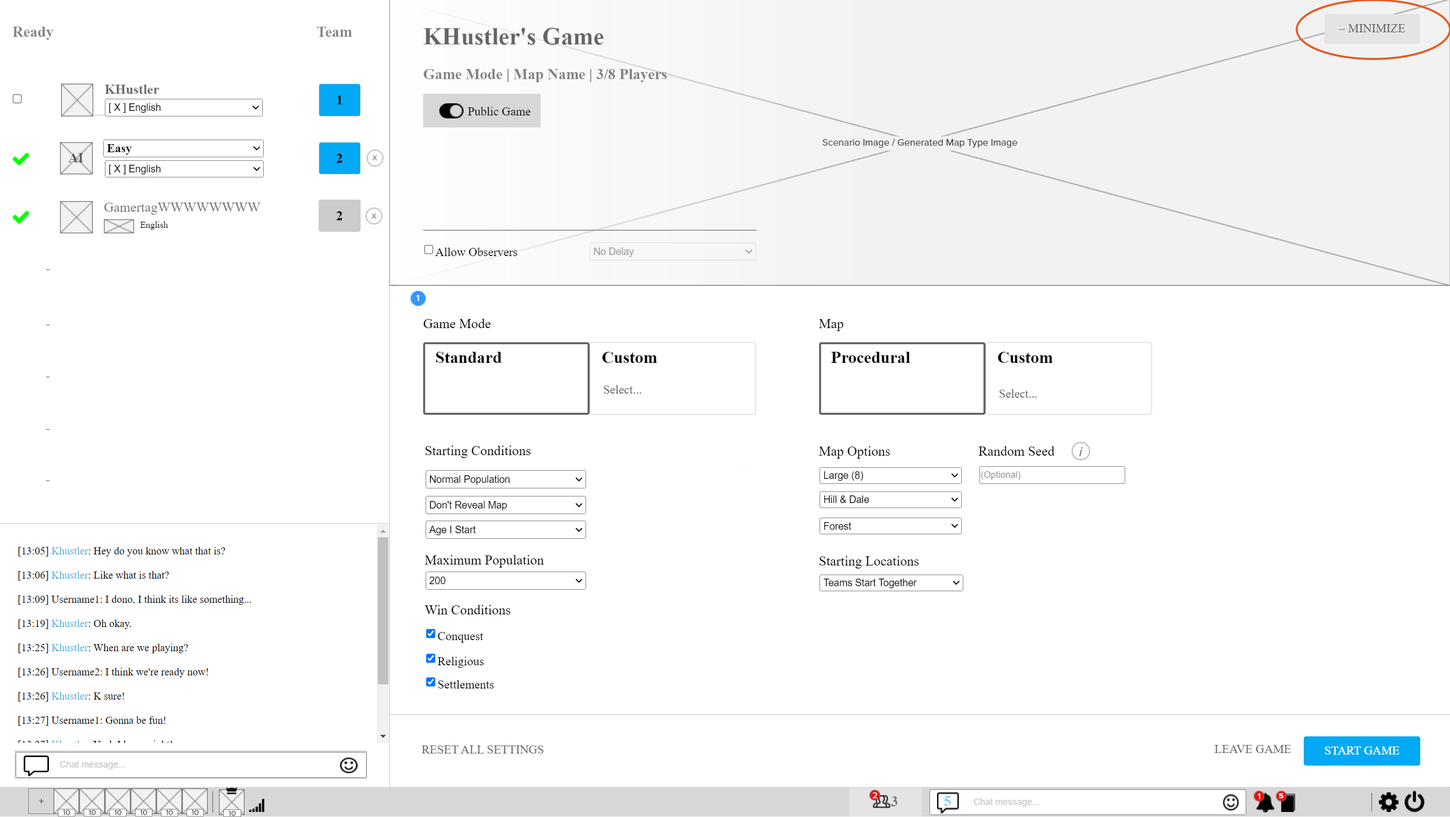 Custom game screen wireframe showing minimize option