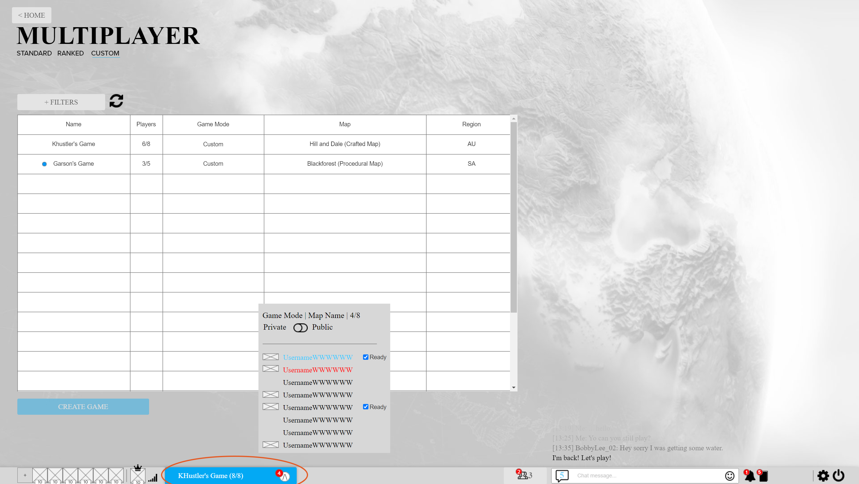 Main menu wireframe showing custom game minimized